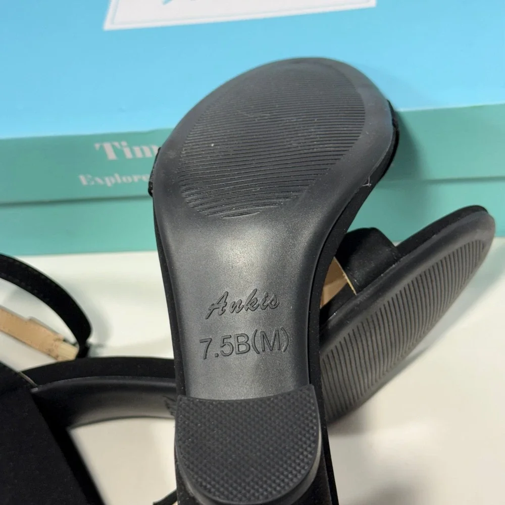 Ankis Women Black Faux Suede Block Heel Ankle Strap‎ Sandals Size 7.5 Open Toe